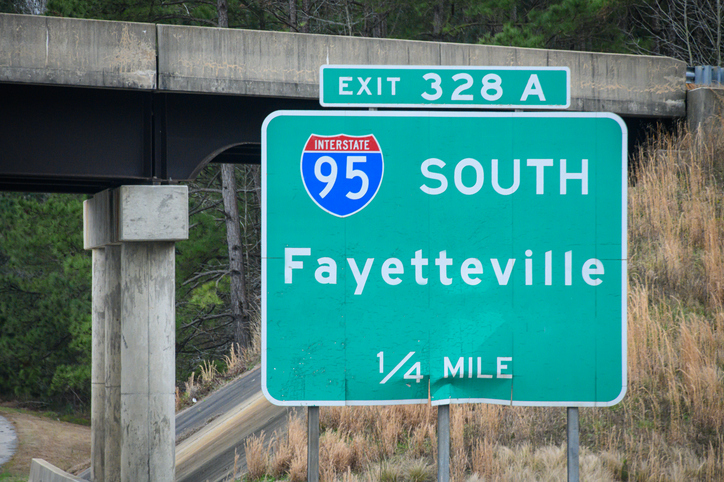 Highway sign for Fayetteville, NC - Where do most car accidents happen?